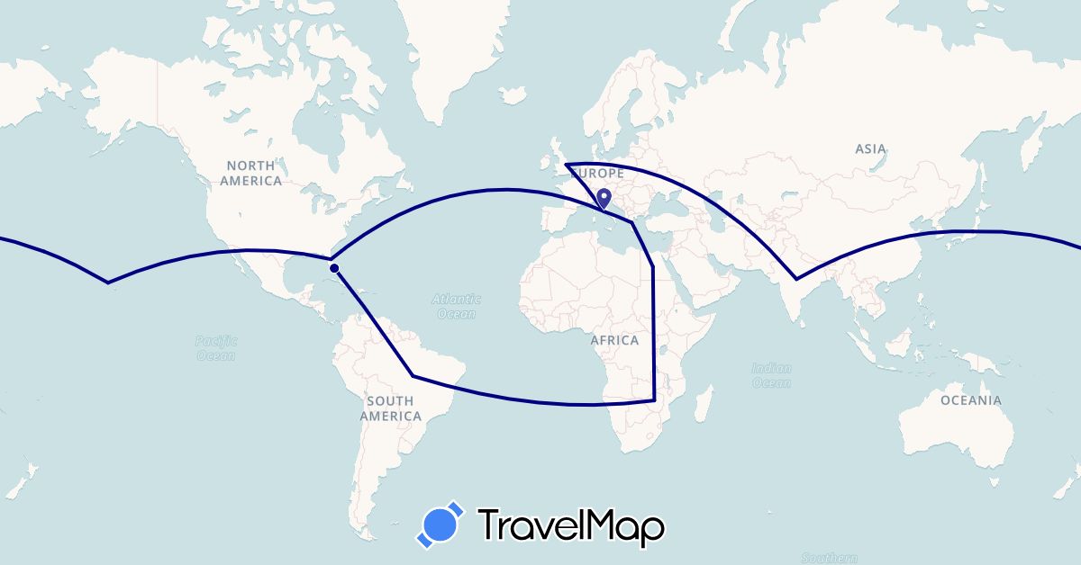 TravelMap itinerary: driving in Brazil, Egypt, United Kingdom, Greece, India, Italy, Japan, United States, Zimbabwe (Africa, Asia, Europe, North America, South America)